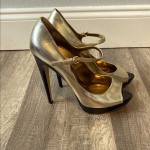 Miu Miu Platform Heels Gold Black Peep Toe